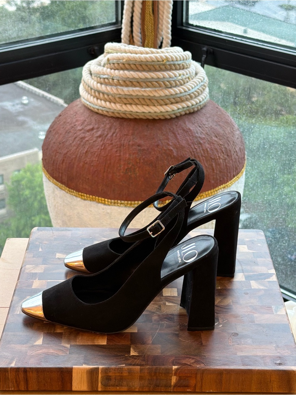 Jennifer Lopez Black Slingback Block Heels with Gold Cap Toe